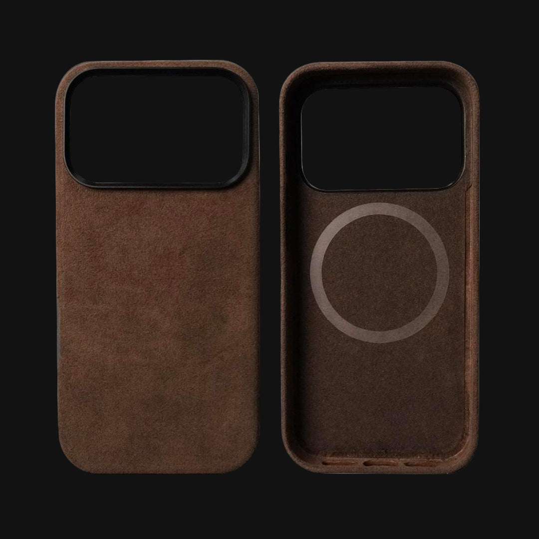 Brown phone case with magnetic design on a #121212 background