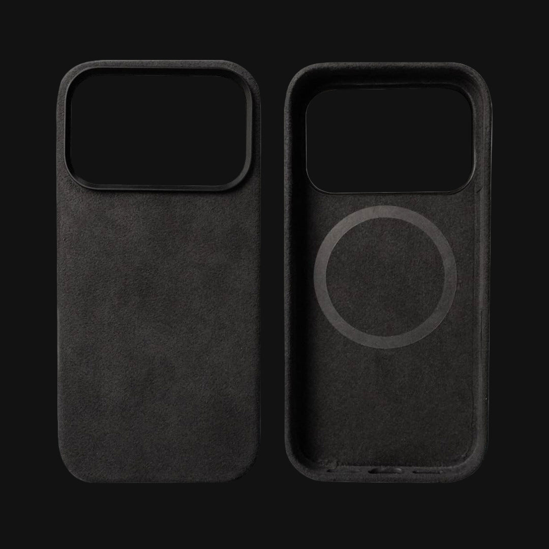 Black phone case with a magnetic feature on a black background