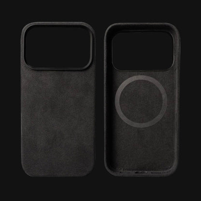 Black phone case with a magnetic feature on a black background