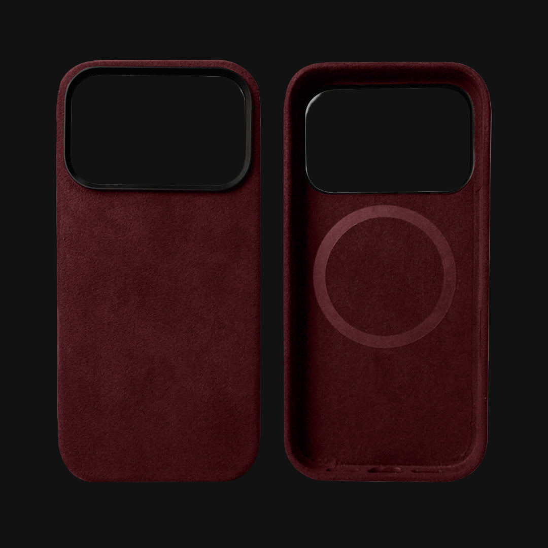 Burgundy phone case with magnetic back for Apple products on a black background