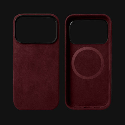 Burgundy phone case with magnetic back for Apple products on a black background