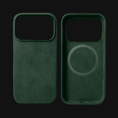 Green phone case with magnetic design on a black background