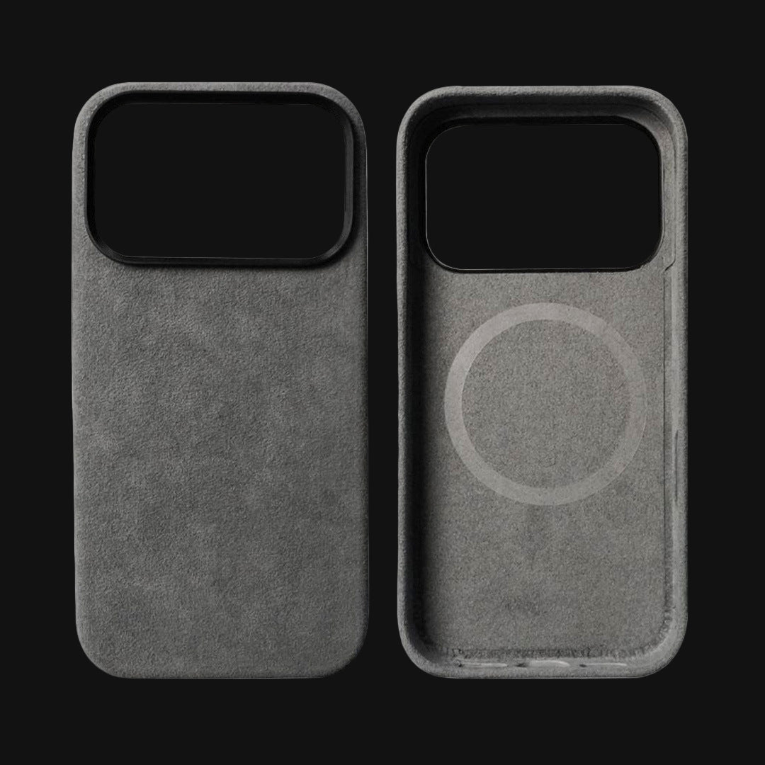Two gray phone cases with a magnetic design on a #121212 background