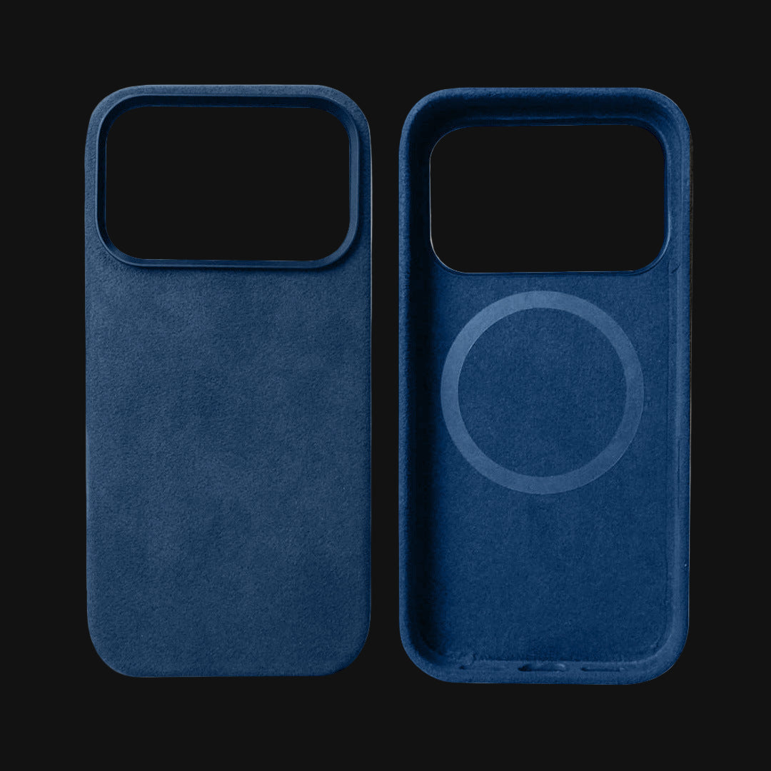Blue phone case with a square design on a #121212 background