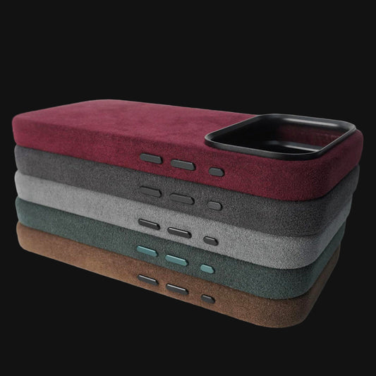 Stack of phone cases in various colors with 'Alcantara' branding on a black background